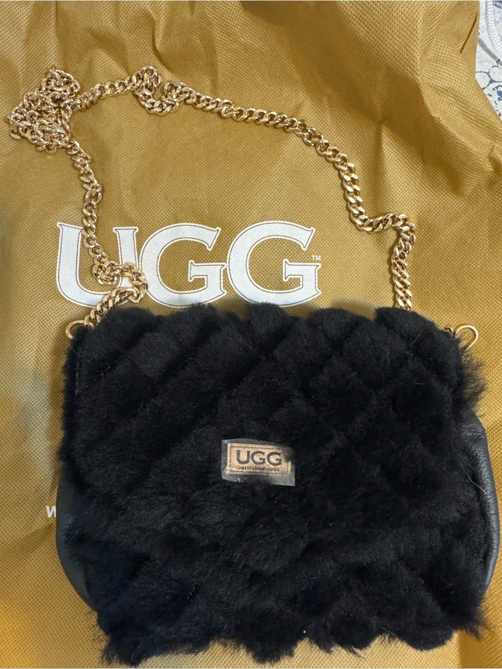 UGG Black Quilted Shearling Crossbody with Gold Chain Strap